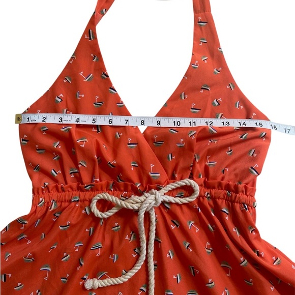 Mustard Seed Sailboat Print Orange Tie Neck Halter Mini Skater Dress Medium - Picture 9 of 11